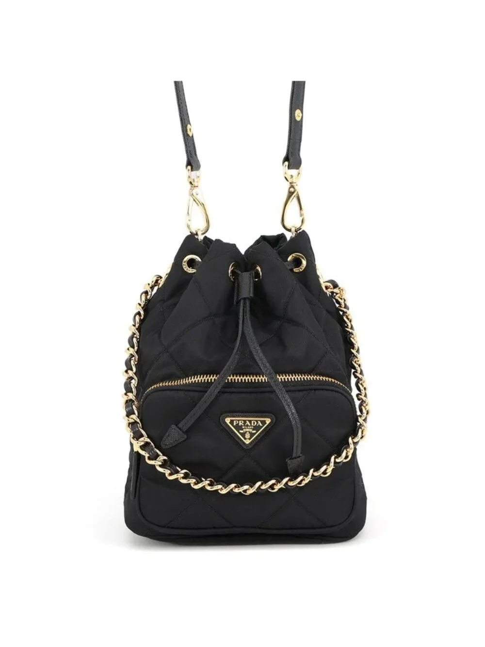 Prada Duet Drawstring Triangle Logo Nylon Leather 2-Way Shoulder Bag Black